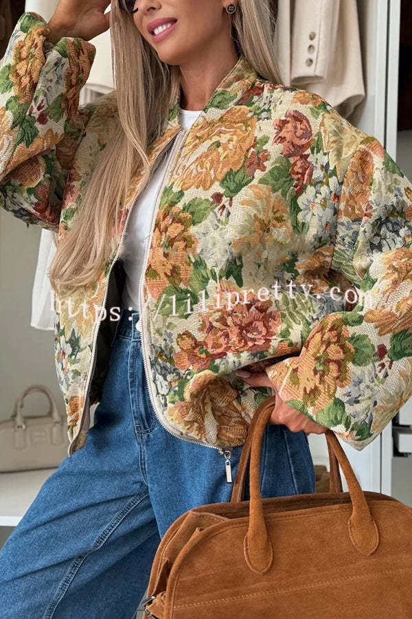 Floral Print Loose Long-sleeved Zip-up Jacket