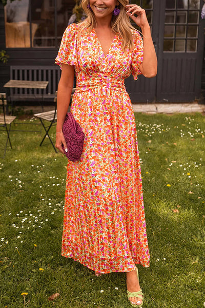 Floral Print V-Neck Short Sleeve Waist Maxi Dress