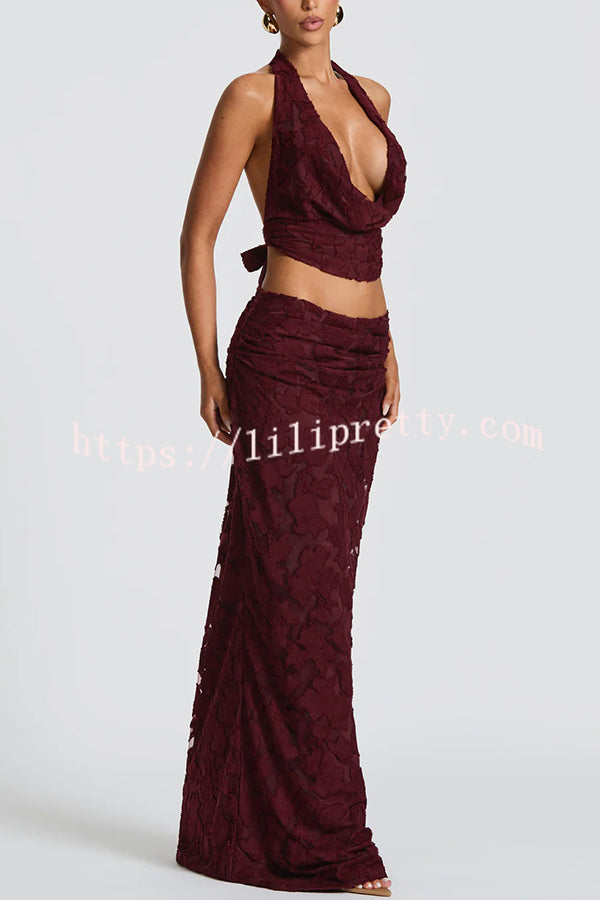 Myra Floral Burnout Jersey Fabric Halter Crop Tank and Ruched Maxi Skirt Set