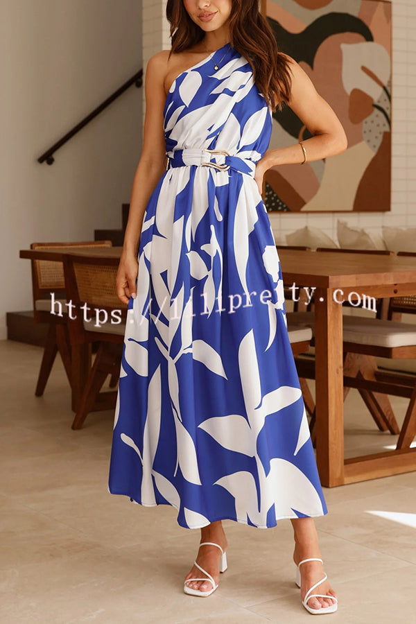 Unique Print Sleeveless One Shoulder Belted Maxi Dress