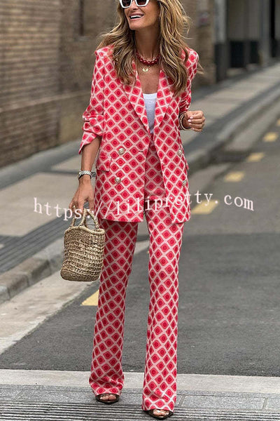 Chic Lady Unique Print Metal Button Pocketed Lapel Blazer and Elastic Waist Flare Pants Set