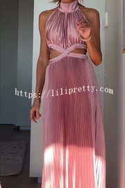 Stunning Choice Satin Pleated Halter High Neck Cutout Waist Backless Maxi Dress