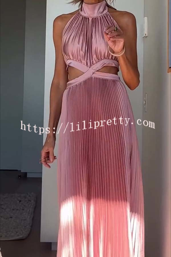 Stunning Choice Satin Pleated Halter High Neck Cutout Waist Backless Maxi Dress