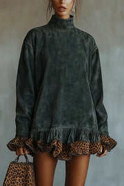 Fashionable Leopard Print Patchwork Loose Turtleneck Long-sleeved Casual Mini Dress