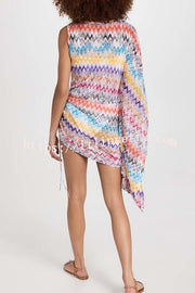 Arloe Knit Colorful Zigzag Pattern Asymmetric Flare Sleeve Ruched Tie-up Mini Dress