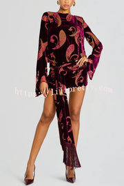 Night Out Velvet Paisley Print Long Sleeve Tie-up Tassel Loose Mini Dress