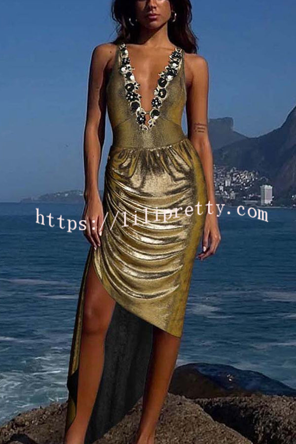 Solid Color Shiny Fabric Deep V Metal Embellished Stretch One-piece Swimsuit