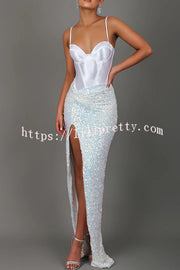 All about Glam Satin Corset Sequin Twist High Leg Split Maxi Dress