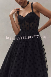 Perfect Guest Tulle Polka Dot Sweetheart Bustier A-Line Midi Dress