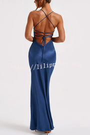 Satin Solid Color Sexy Backless Lace Up High Slit Maxi Dress