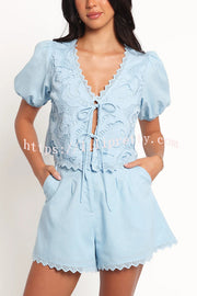 Fashionable V-neck Tie Puff Sleeve Top and Casual Pocket Shorts Set