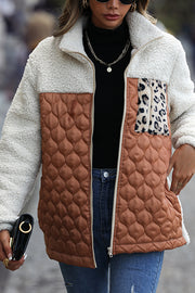 Casual Patchwork Plush Long Sleeve Leopard Print Pocket Loose Zipper Jacket