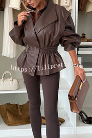 Play It Cool Faux Leather Single Button Elastic Waist Lapel Moto Jacket