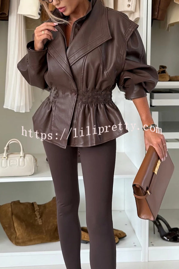 Play It Cool Faux Leather Single Button Elastic Waist Lapel Moto Jacket