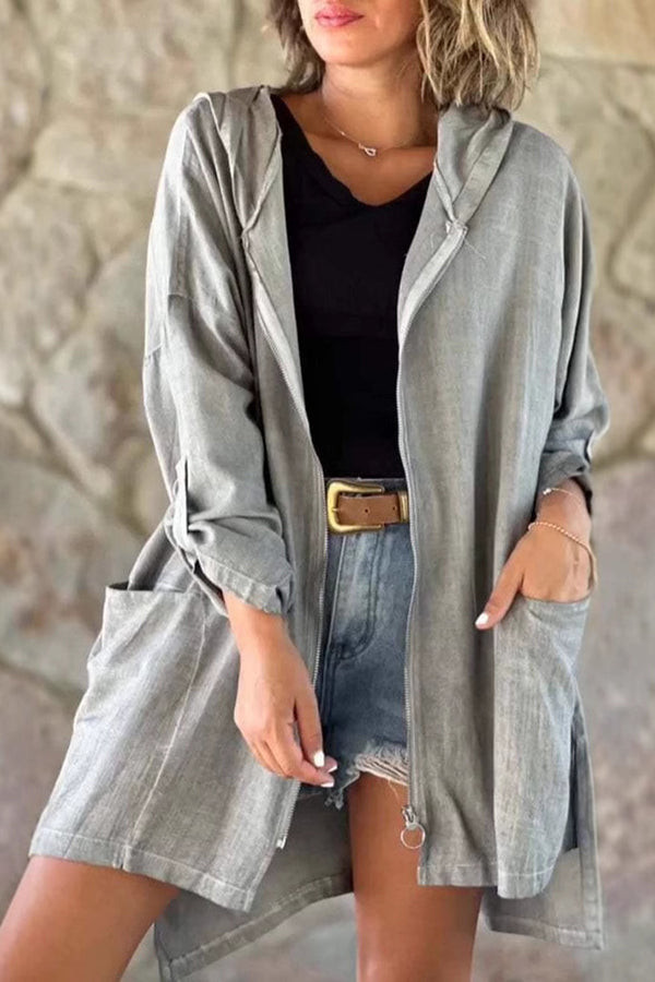 Linen Blend Solid Color Casual Zip-Up Hooded Jacket