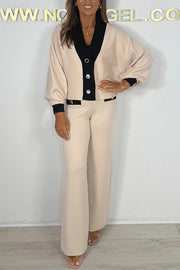 Fashion Contrast Color V-neck Loose Cardigan and Elastic Waist Casual Pants Set