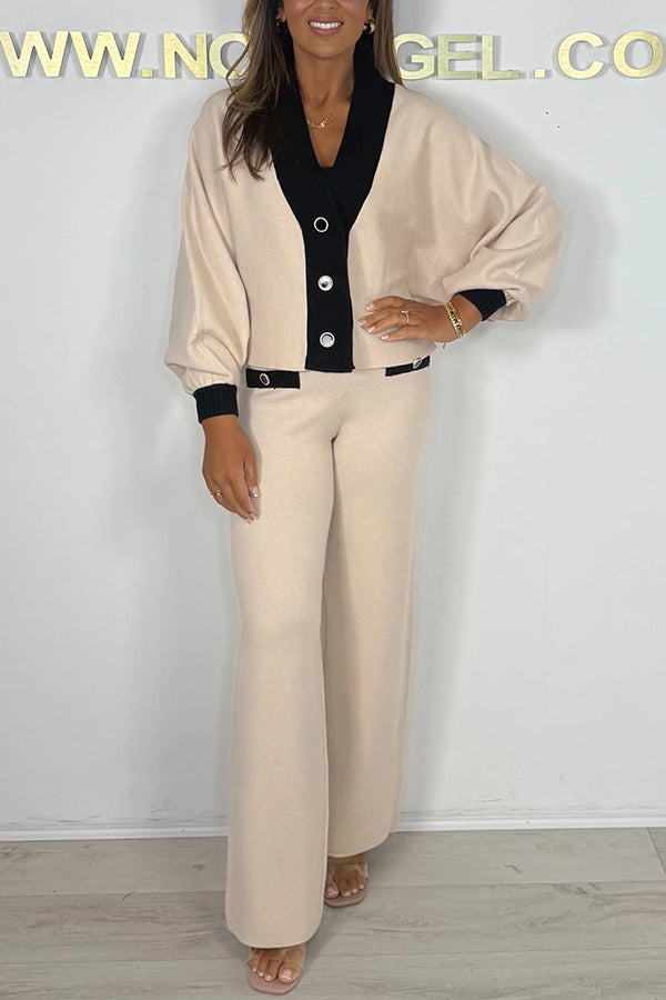Fashion Contrast Color V-neck Loose Cardigan and Elastic Waist Casual Pants Set