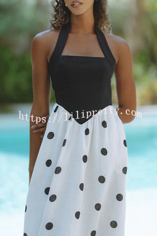 Kai Linen Blend Colorblock Polka Dot Print Halter Pocketed Midi Dress