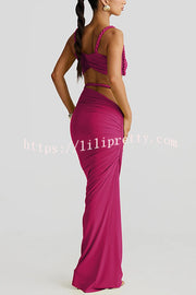 Sexy Halter Back Braided Suspender Top and Beach Holiday Style Hip-wrapped Maxi Skirt Set