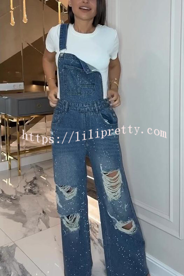 Fashionable Hot Diamond Casual Pocket Ripped Denim Overalls
