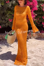 Sunny Beachside Crochet Knit Hollow Out Long Sleeve Cover-up Maxi Dress