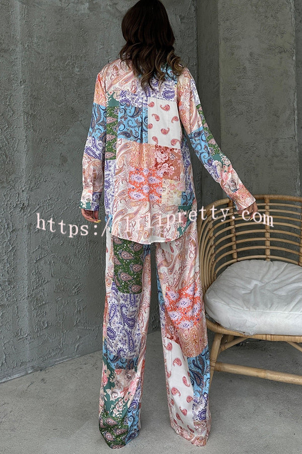 Unique Ethnic Print Long-sleeved Shirt and Elastic Waist Pants Set