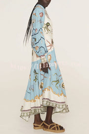 Ocean Print Lapel Button Waist Tie Resort Maxi Dress