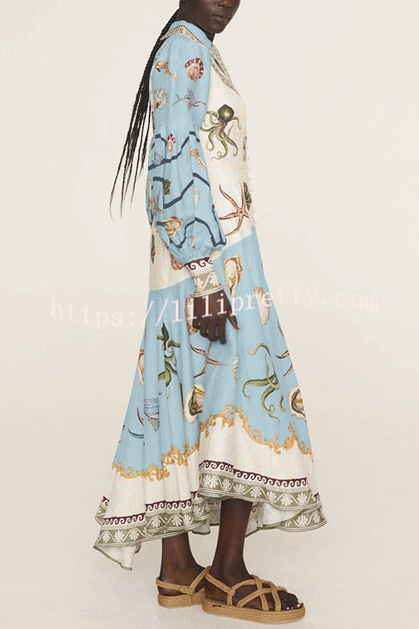 Ocean Print Lapel Button Waist Tie Resort Maxi Dress