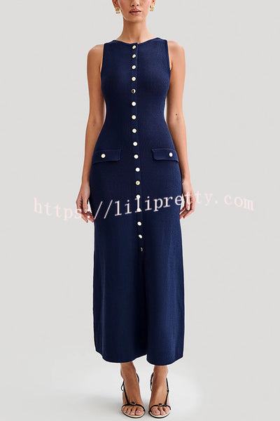 Solid Color Slim Fit Crew Neck Button Up Sleeveless Knitted Maxi Dress
