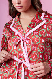 Christmas Print Long-sleeved Tie-waist Loose Top and Elastic Waist Pocket Casual Wide-leg Pants Set