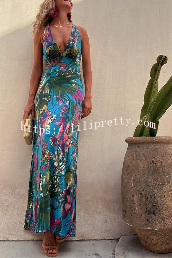 Lilipretty Rainforest Paradise Tropical Print Cutout Back Crossover Stretch Maxi Dress