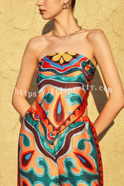 Ethnic Style Unique Print Tube Top and Elastic Waist Casual Pocket Wide Leg Pants Set