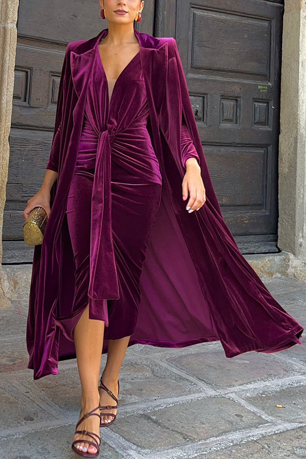 Olivienne Luxurious Velvet Padded Shoulders Slit Sleeve Lapel Midi Cape