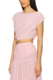 Stunning Chiffon Ruched Shoulder Short Sleeve Crop Top