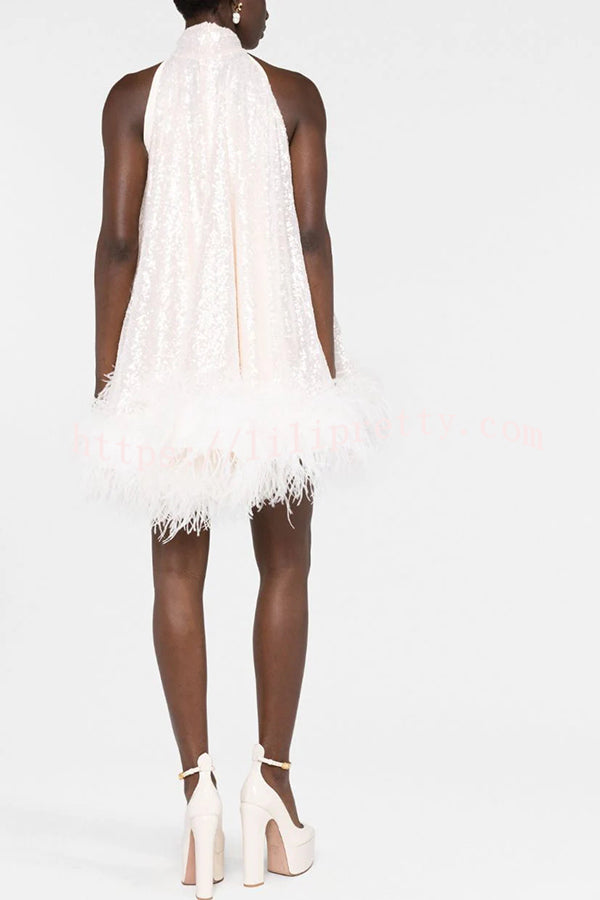 Dancefloor Elf Sequin Feather Trim High Neck A-line Mini Dress