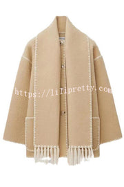 Stylish Loose Pocket Long Sleeve Coat and Warm Fringed Scarf