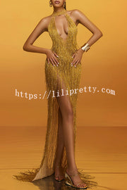 Glimmer Hour Shiny Layered Tassels Halter Cutout Neck Split Maxi Dress