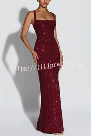 Calanthe Sequin Embellished Chiffon Ruched Square Neck Back Lace-up Maxi Dress