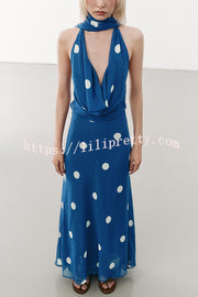 Fashion Polka Dot Print Sexy Halter Neck Backless Maxi Dress