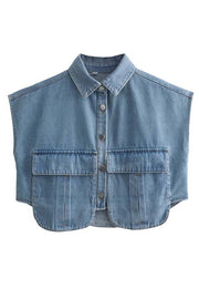 Stylish Weekend Denim Button Up Cape Sleeve Pocket Crop Top