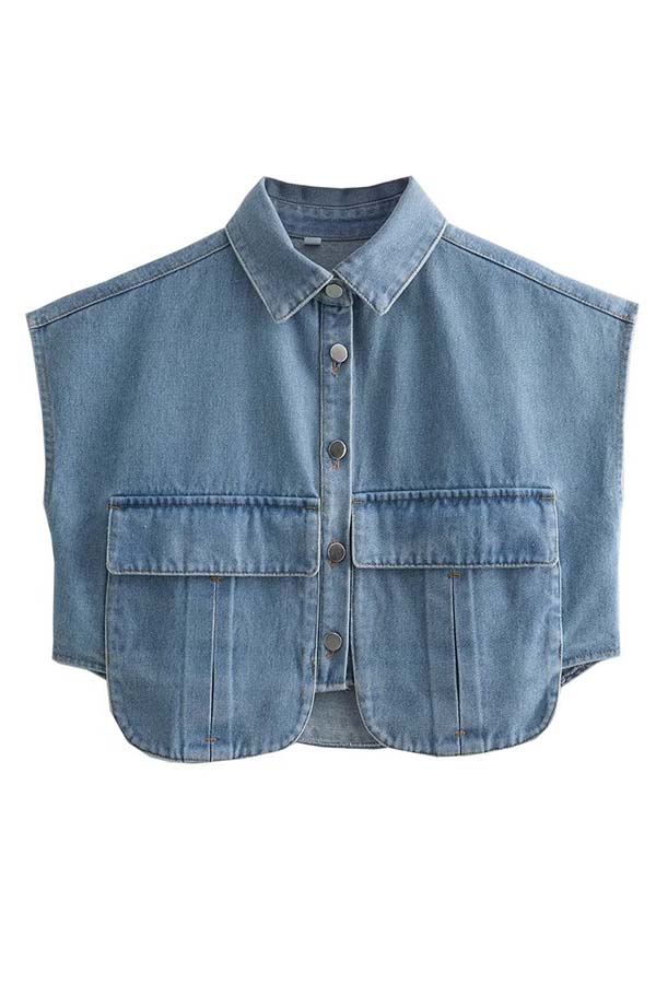 Stylish Weekend Denim Button Up Cape Sleeve Pocket Crop Top