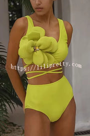 Solid Color Large Flower Decoration High Waist Elastic Two Piece Bikini Swimsuit