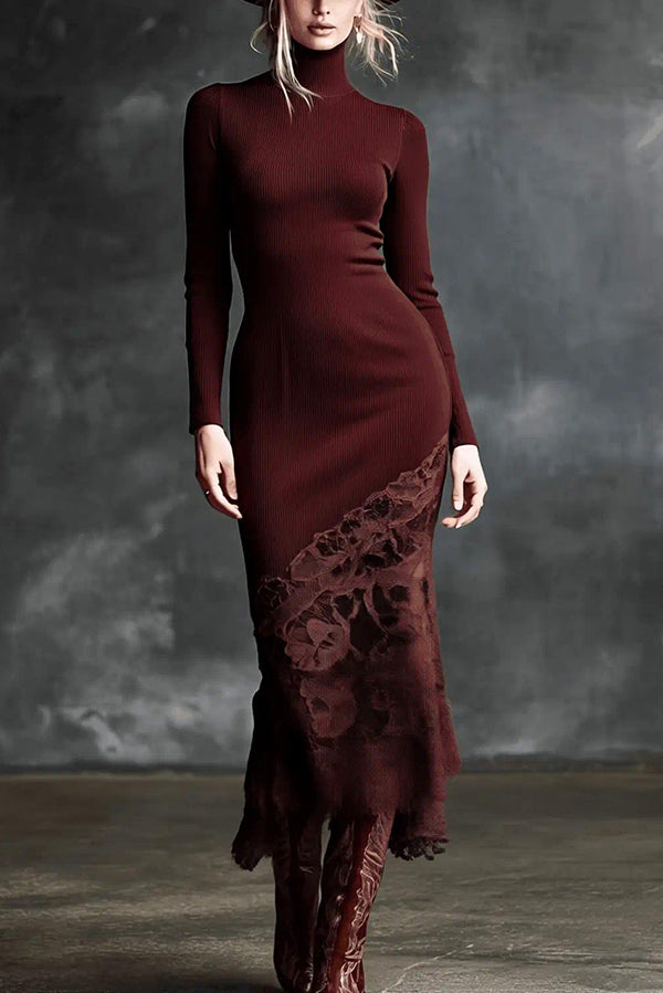 Elegant High-neck Long-sleeved Lace-hemmed Fitted Knit Midi Dress