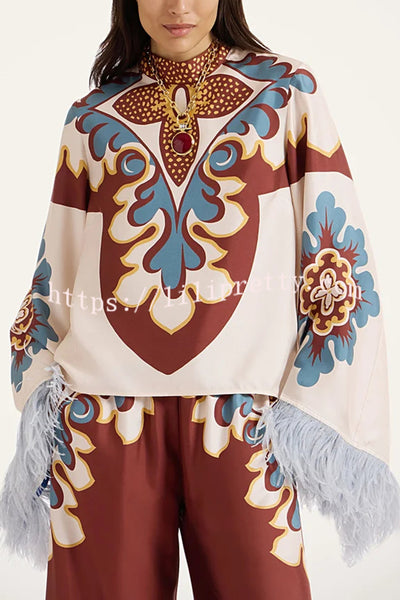 Bohemian Dreams Unique Print High Neck Feather Trim Bell Sleeve Top