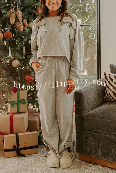 Dear Daydream Loose Bow Tie Long-Sleeved Sweatshirt and Elastic Waist Pocket Pants Set