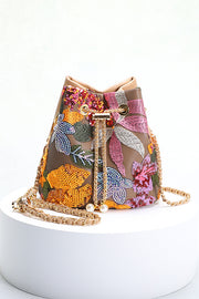 Vintage Leather Embroidered Sequined Floral Chain Bag