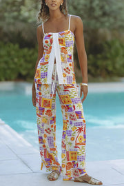 Katri Unique Print Front Slit Tank and Elastic Waist Pocket Wide Leg Pants Set