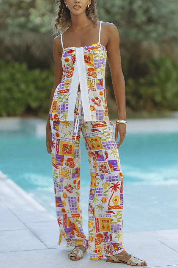Katri Unique Print Front Slit Tank and Elastic Waist Pocket Wide Leg Pants Set