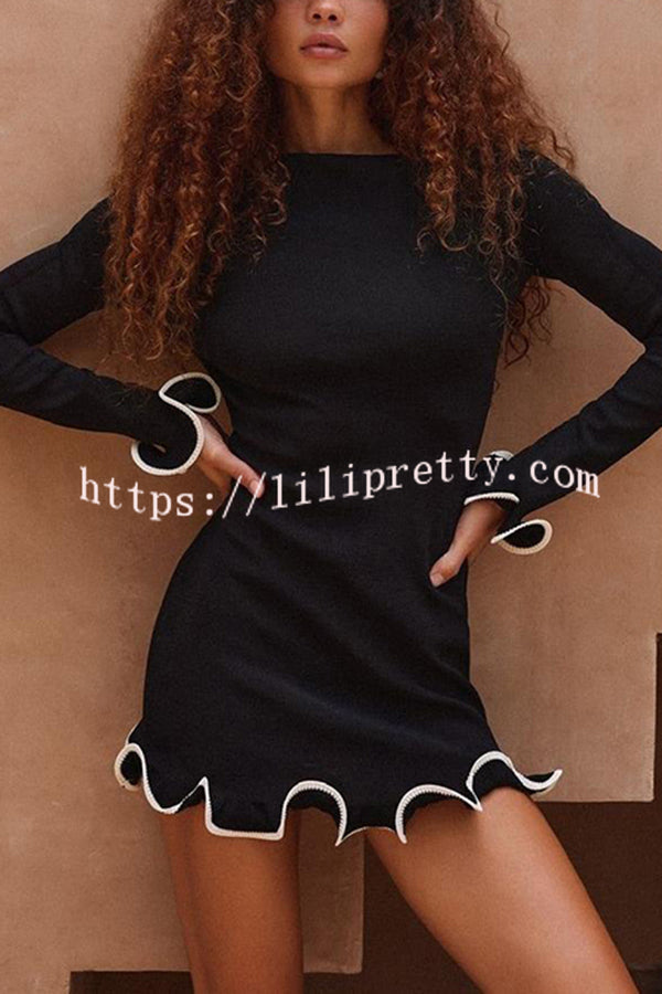 Fashionable Rolled Hem Round Neck Long Sleeve Slim Fit Mini Dress