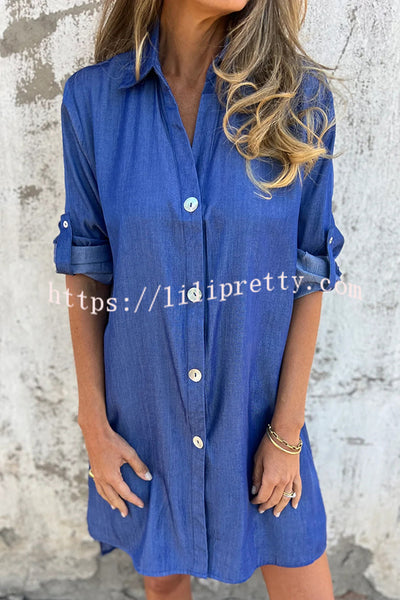 Solid Color Imitation Denim Casual Button Mid-length Shirt